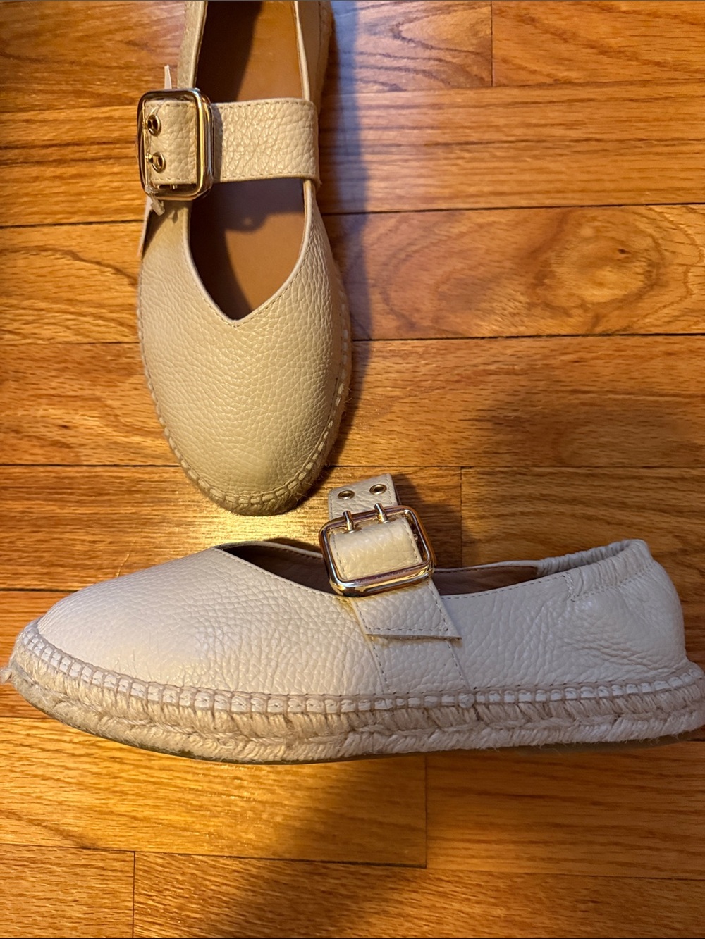 Cream Leather Mary Jane Espadrilles with Gold Buckle - Picture 4 of 7